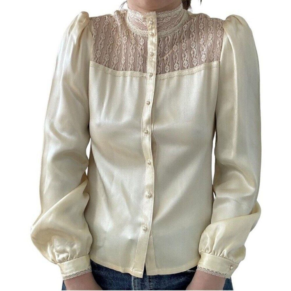 Vintage 1970s Gunne Sax Ivory Cream Satin Romantic Cottagecore Blouse Sz S - Picture 1 of 10